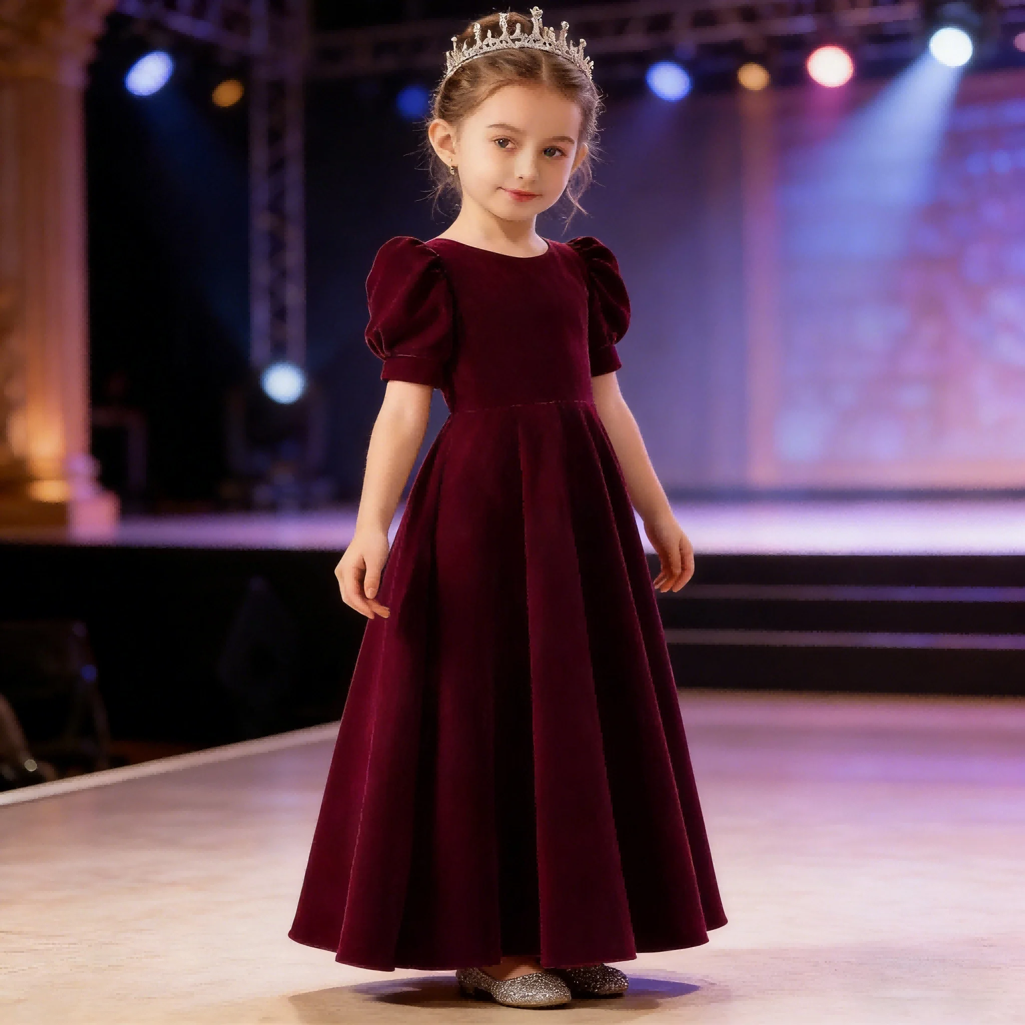 Girls Short Sleeve Party Dress for Piano Performance Children Orchestra Formal Celebration Costume Concert Recital Gown Pageant