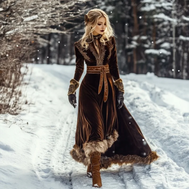 Faux Pelz Kragen Gürtel Taille Cut Out frauen Herbst Winter Neue Elegante Langarm Retro Rundhals Kleid