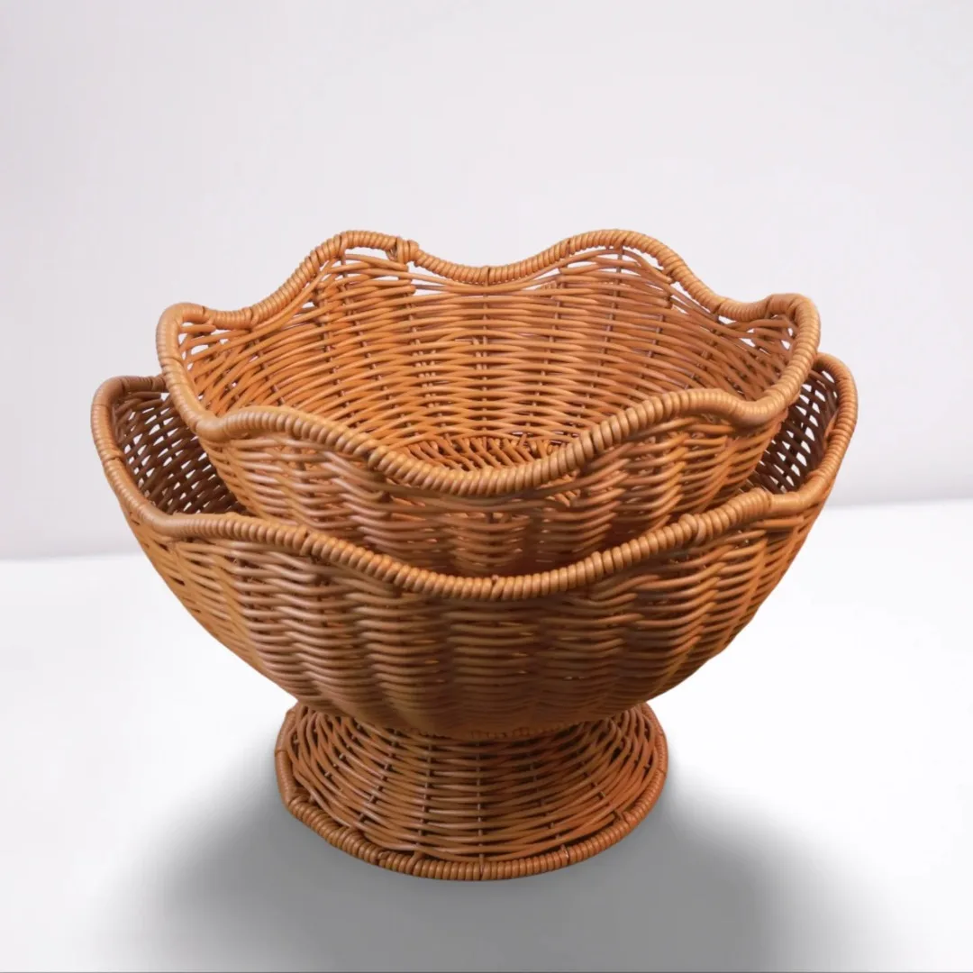 Hand Woven Scalloped Pedestal Imitation Rattan Fruit Bowl Elevated Serving Tray Coffee Table Decor Storage Basket for Snacks view 6