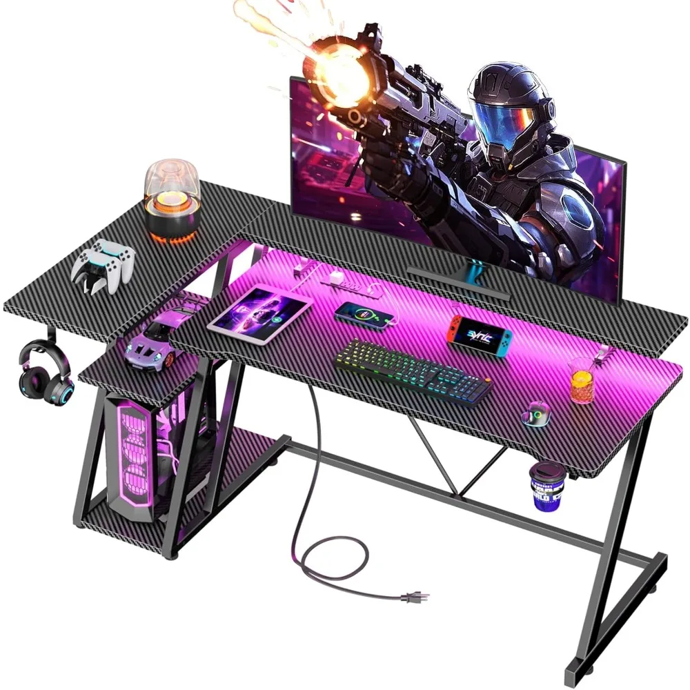 

55 Inch Gaming Desk with Power Outlet & LED Lights, L Shaped Gamer Computer Table with Storage Shelves for Bedroom,Customized