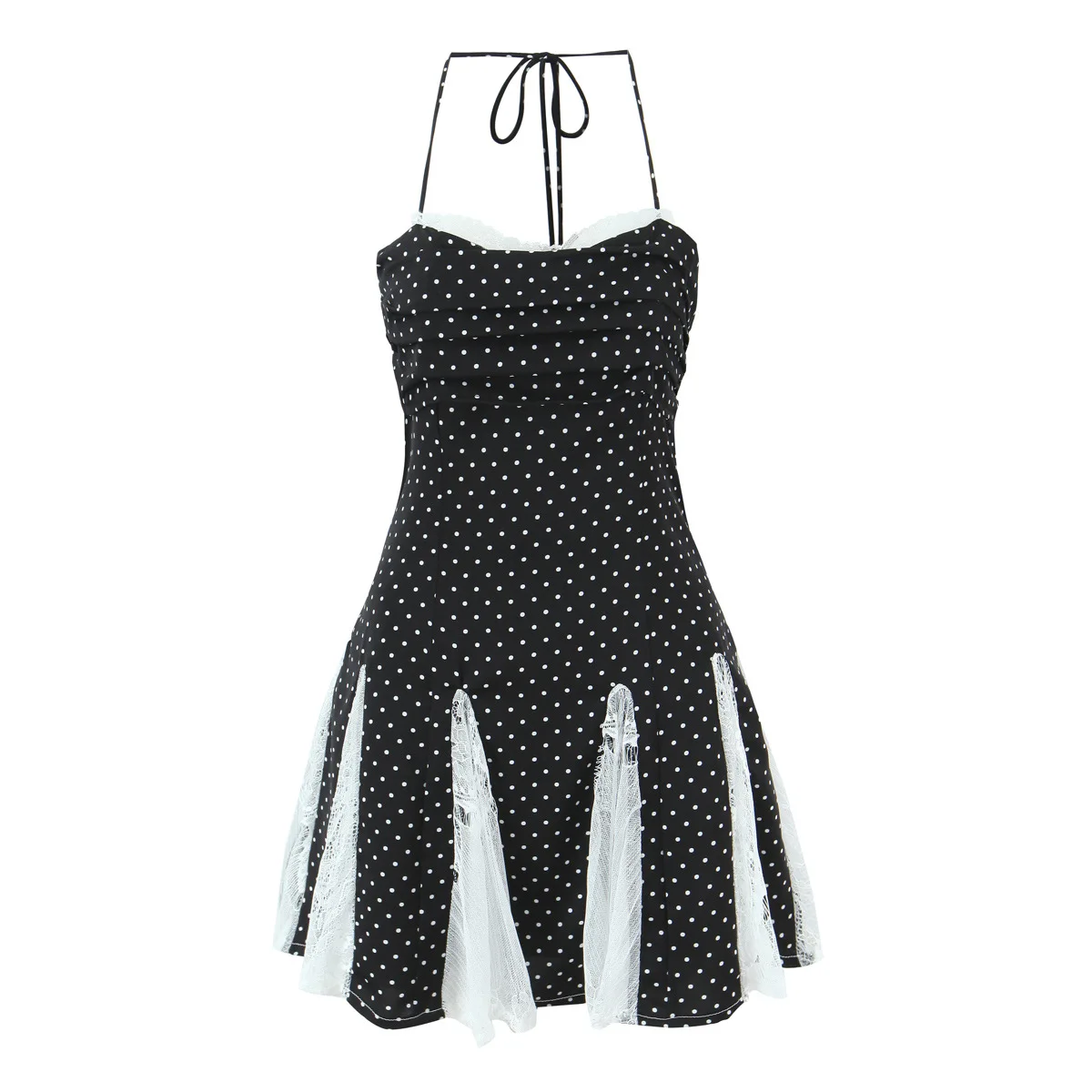 Vestido Feminino Sexy com Poás e Blocos de Cores, Ajustado, com Cintura Marcada e Plissado, Estilo Halter       0R37