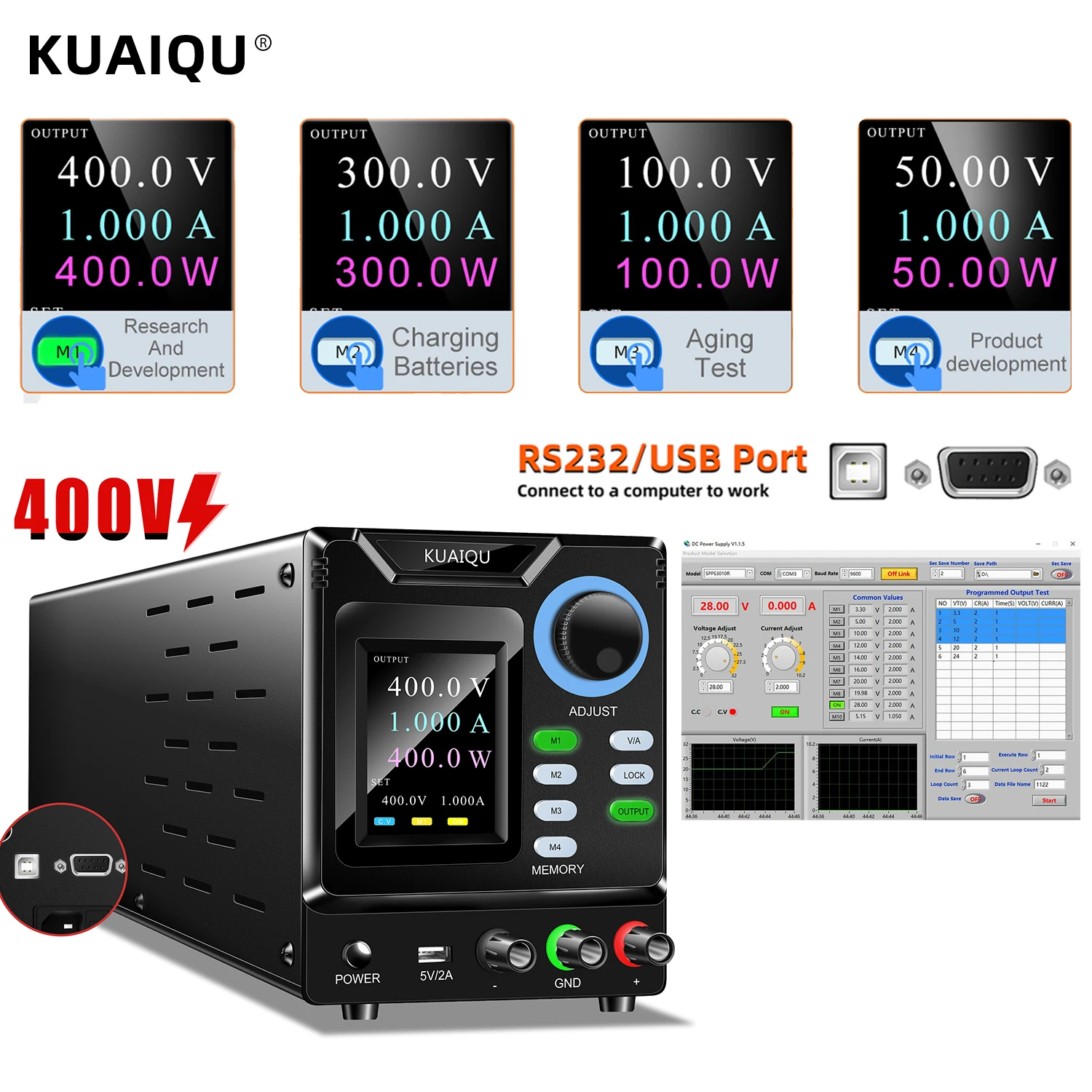 Imagem -02 - Regulador de Tensão Variável Ajustável Fonte de Alimentação dc Programável Usb Switching Source 1000v 400v 1a 1000v Rs232 300v 1a