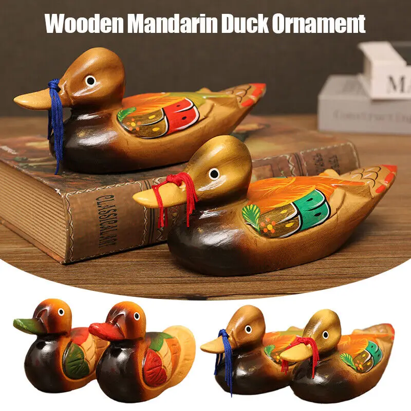 1Pair Wooden Mandarin Ducks Ornament Feng Shui Vintage Crafts Wedding Anniversary Gift Mini Craft Micro Landscaping Decor