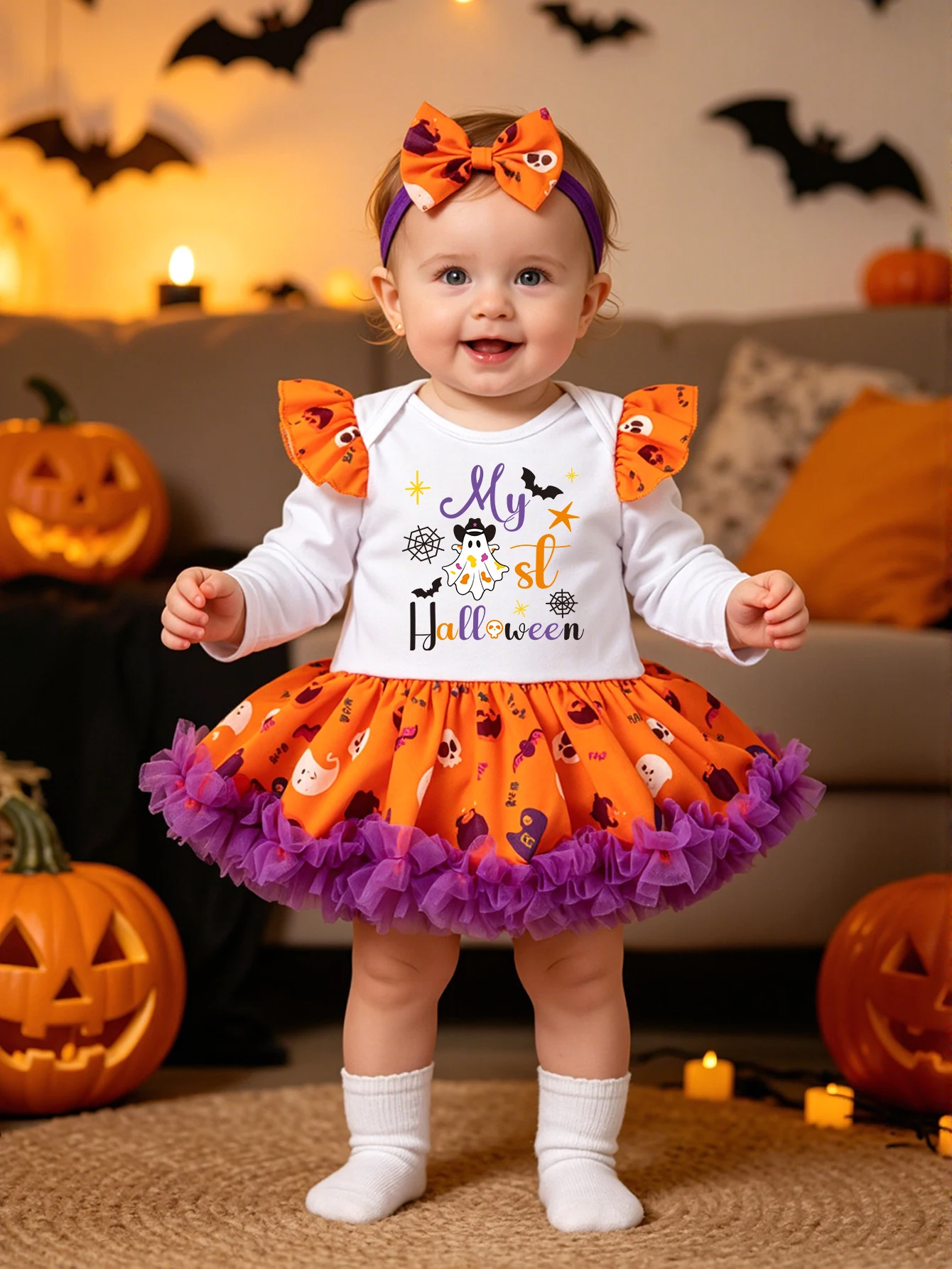 Tenue de Halloween pour bébé fille, 2 pièces, robe tutu imprimée fantôme + bandeau à nœud
