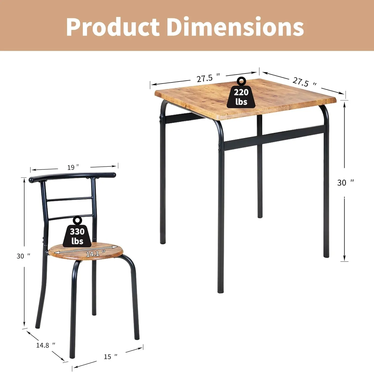 Dining Table Set For 2, 3-Piece Modern Dinette With Chairs For Small Space, Kitchen, Breakfast Nook, Brown