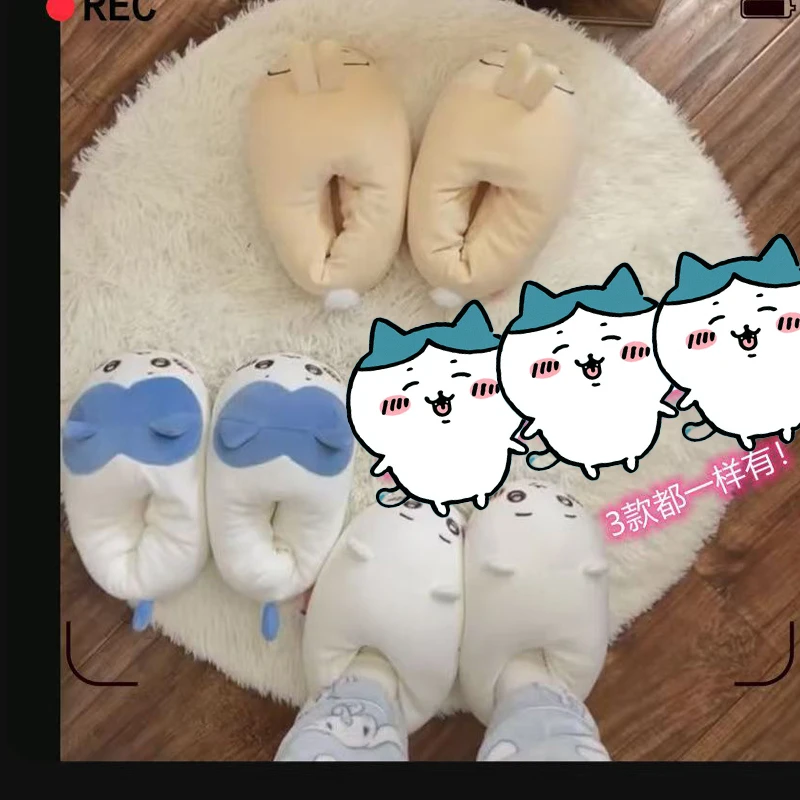 Chiikawa Drag Thicken Keep Warm Autumn Winter Hachiware Usagi Kawaii Cartoon Soft Shoes Include Heel Home Cotton Shoes