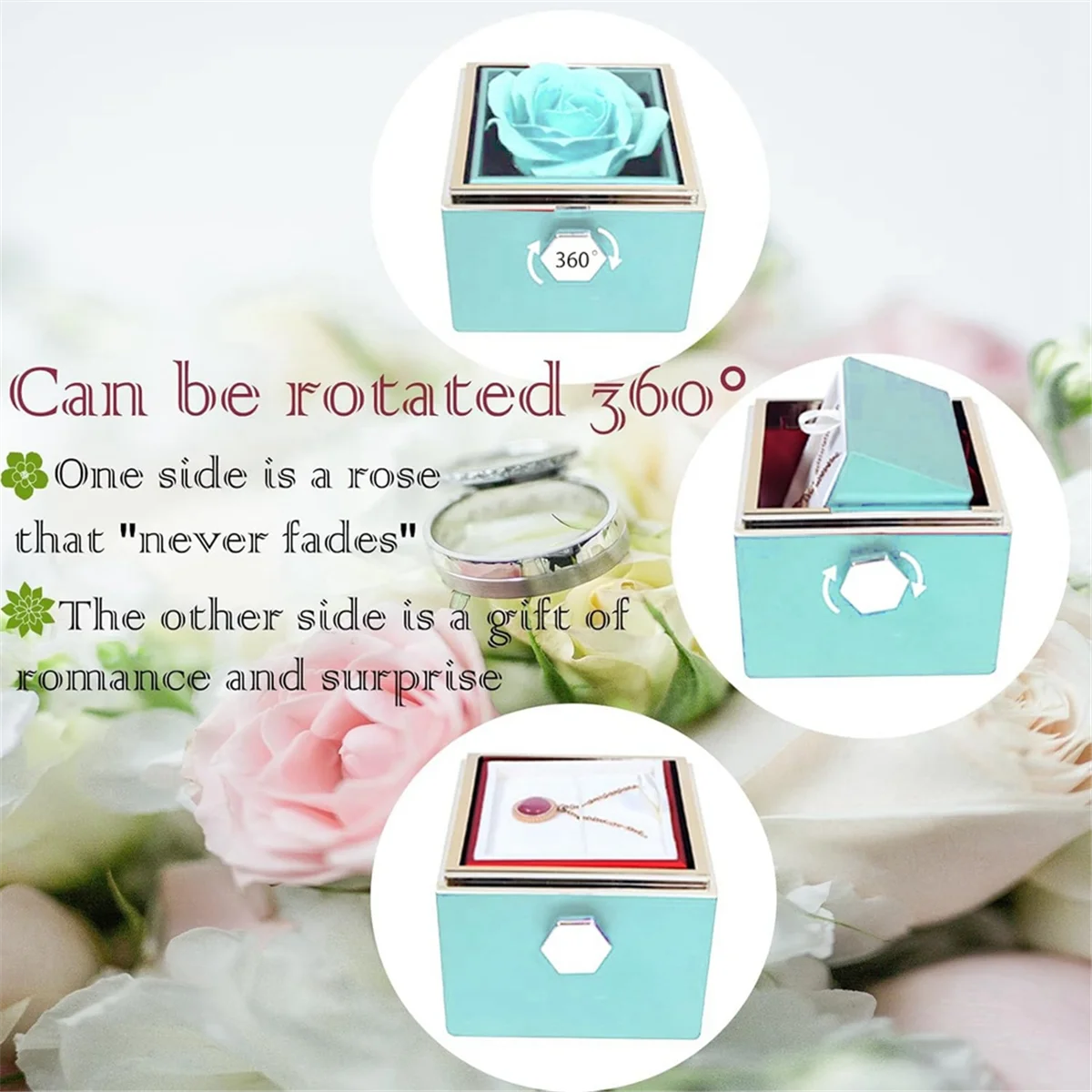 Rose Ring Box Rotates 360° Velvet Jewelry Box Eternal Rose Box Valentine's Day Mother's Day for Romantic Gifts,Lake Blue