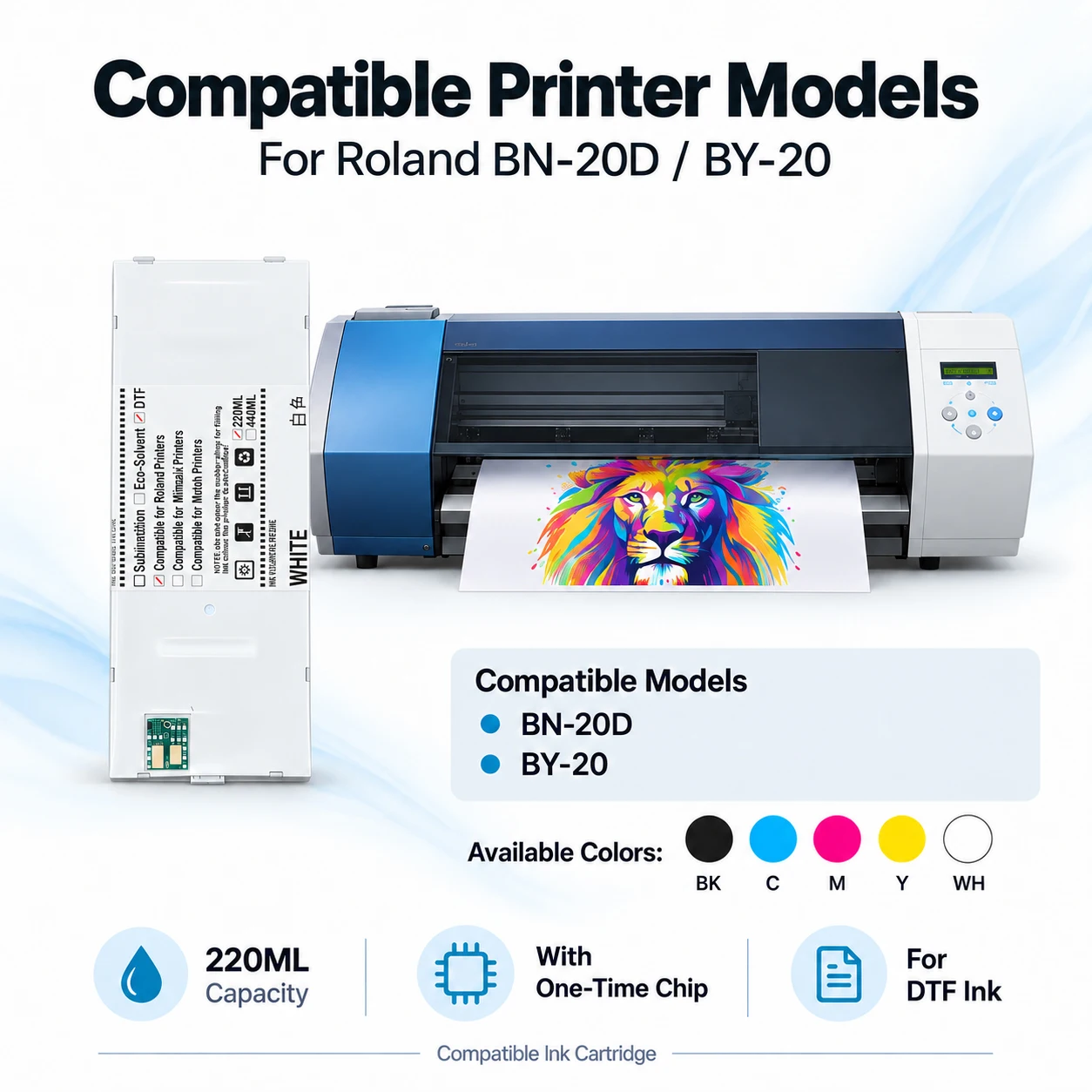 BN-20D BY-20 Full DTF Ink Cartridge Compatible For Roland BY-20 BN-20D DTF Printer 220ML With Chip K C M Y W 5 Colors Option