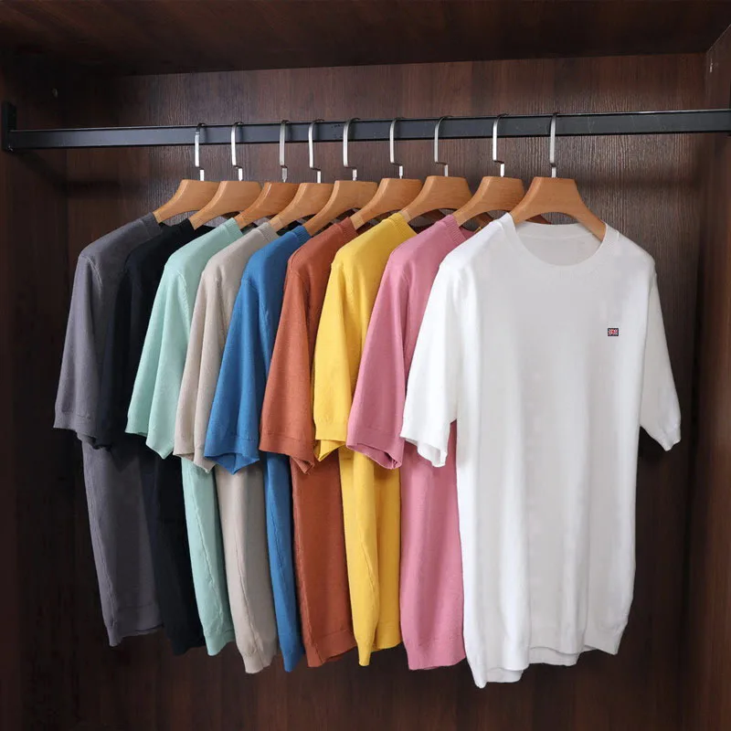 Men's Tops  Superfine Merino Wool T Shirt Knitted O-neck Breathable Thin Cashmer Short Sleeve Tee Solid Color Knitting  Jumpers