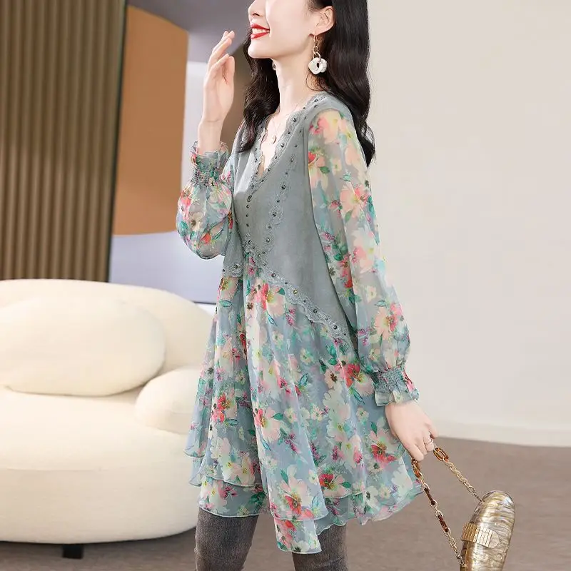 Women\'s Pullover V-neck Chiffon 2023 Spring and Summer Vintage Midi Lantern Sleeve Patchwork Broken Flowers Rivet Loose Dresses