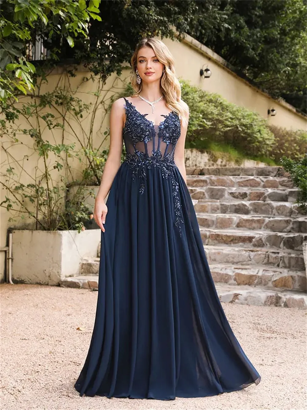 Jay-vestido de noiva azul marinho com miçangas e tule, vestido de noite elegante, bordado luxuoso, vestidos de baile