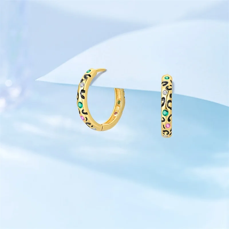

New 925 Sterling Silvergold Golden Leopard Print Hoop Earrings Sparkling Colorful zirconium Earrings For Birthday Party Jewelry