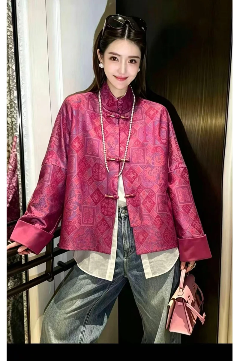 Spring Autumn Women Silk Brocade Jacquard Coat New Stand Collar Long Sleeve Outerwear with Contrast Color Cuffs Handmade Buttons