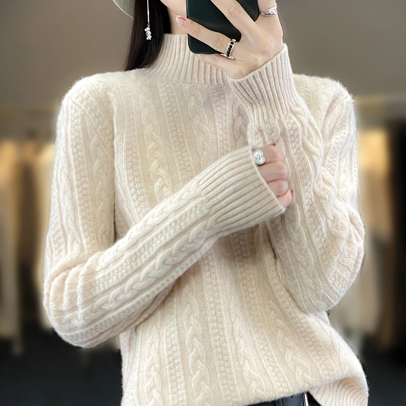 Autumn and winter new women's 100% merino wool semi-turtle neck knitted pullover solid color twist casual warm padded coat