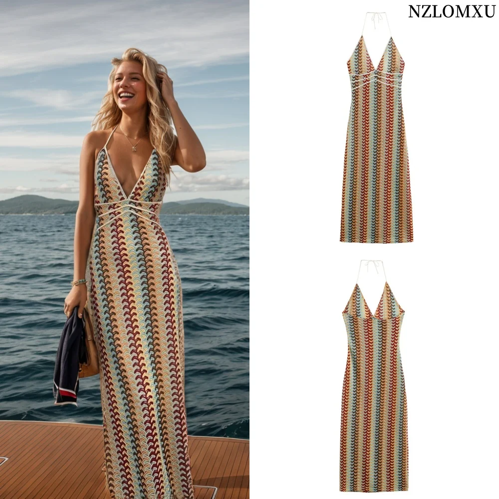 Vrouwen 2024 Zomer Nieuwe Mode Temperament V-hals Mouwloos Gehaakt Patroon Holle Jarretel Midi Jurk Vrouwen