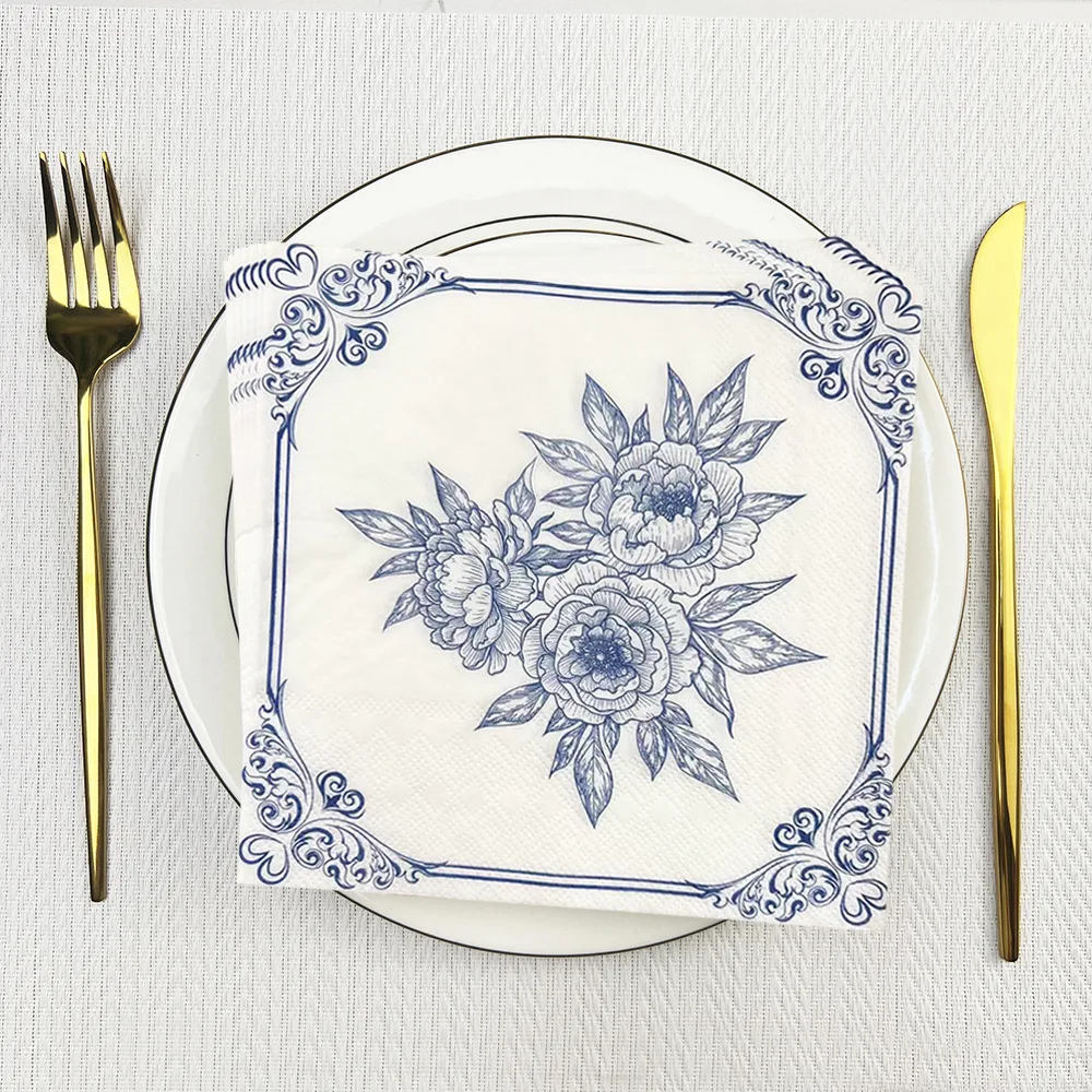 20 pieces per pack of blue and blue floral printed napkins, 