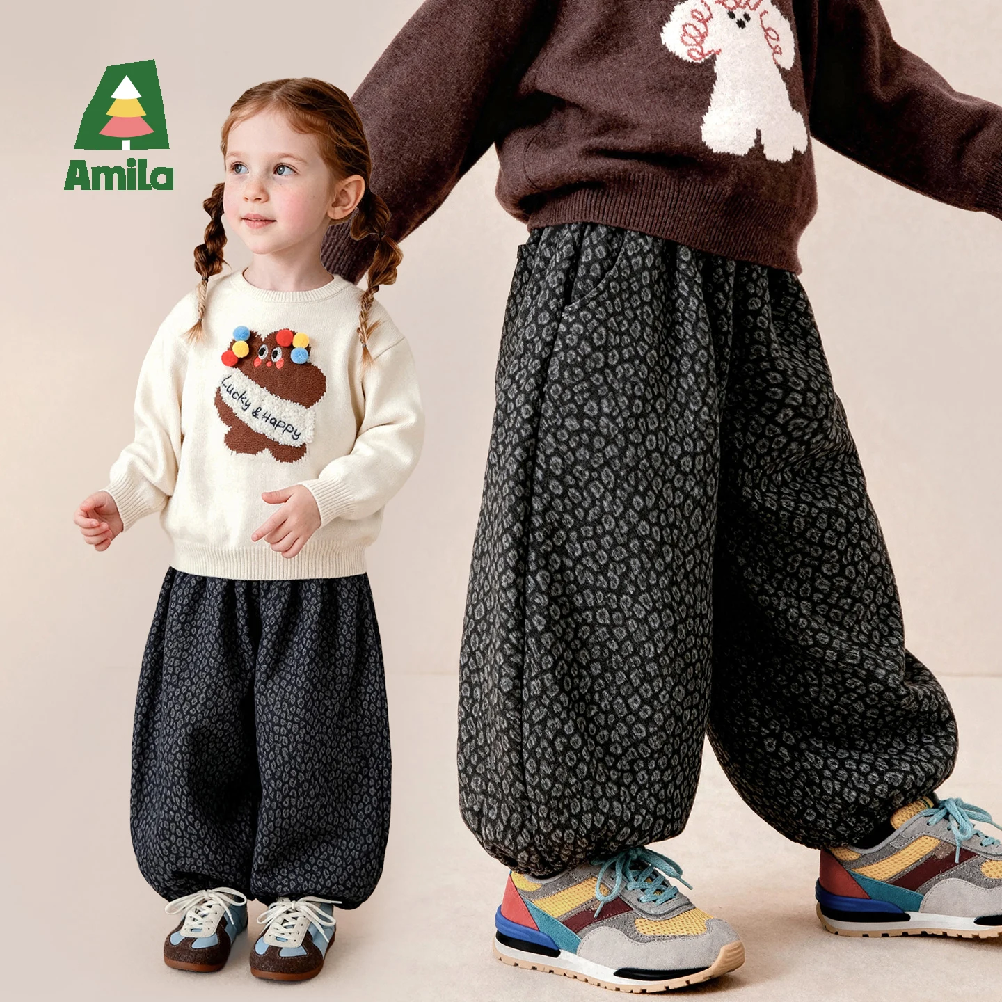 Amila 2026 Autumn New Kids Casual Long Pants All Over Print Vintage Versatile Windproof Loose Fit Daily Jogger Pants