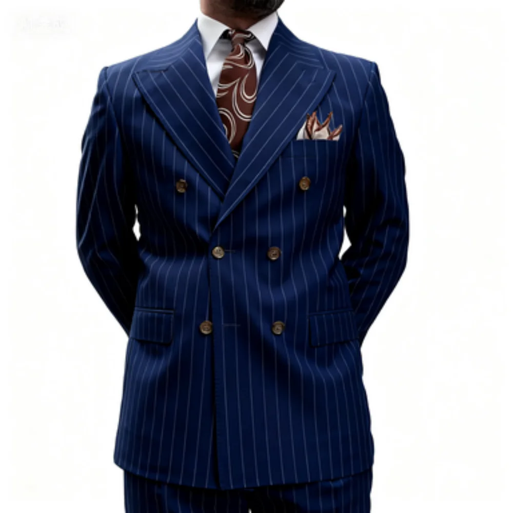 

2-Piece Light Grey Striped Men's Tuxedo Slim Fit Peak Lapel Double Breasted Blazer Wedding Business Suit Ensemble