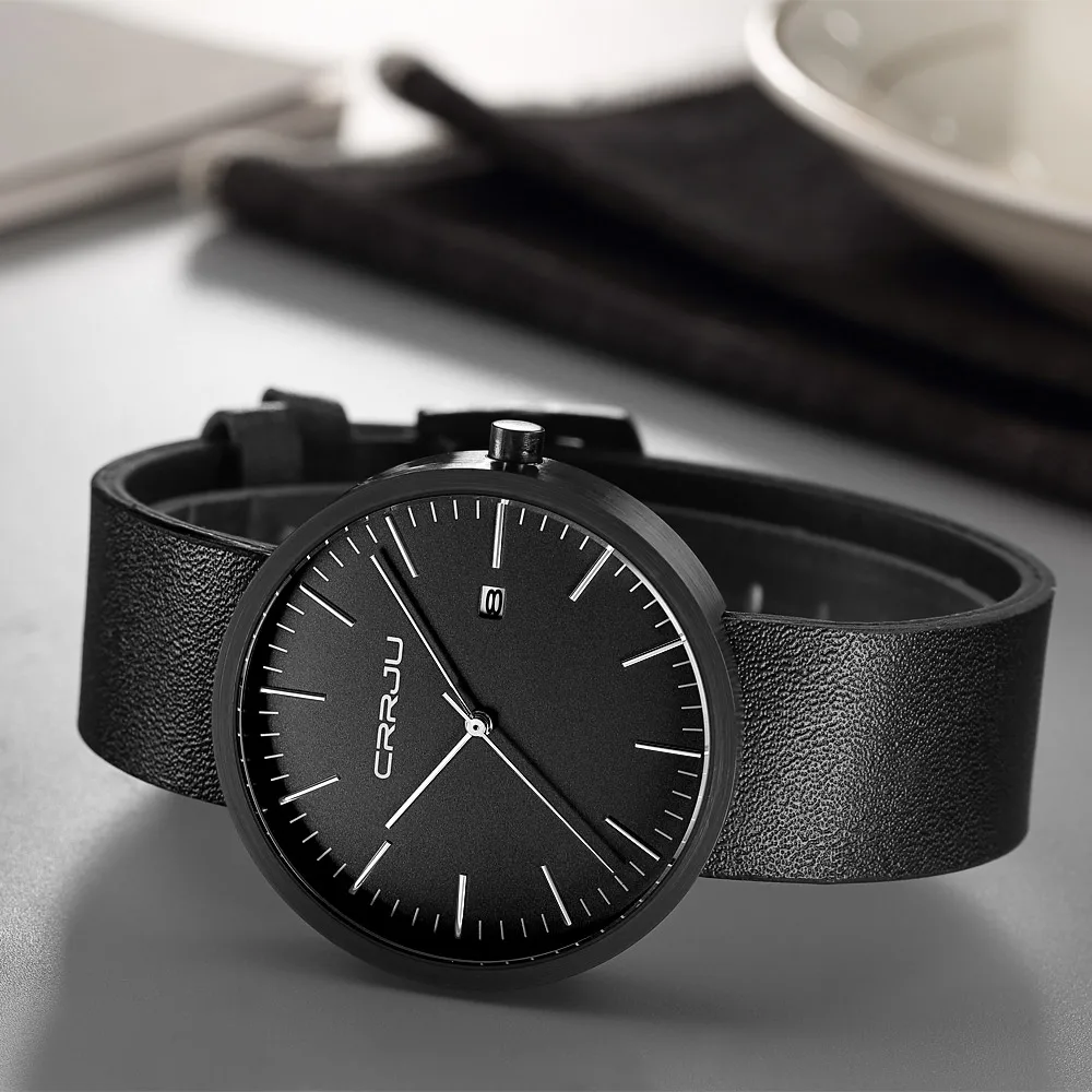 CRRJU Men Original Desgin Clock Fashion leisure Dress Quartz hour Business leather Watch Male Relogio Masculino