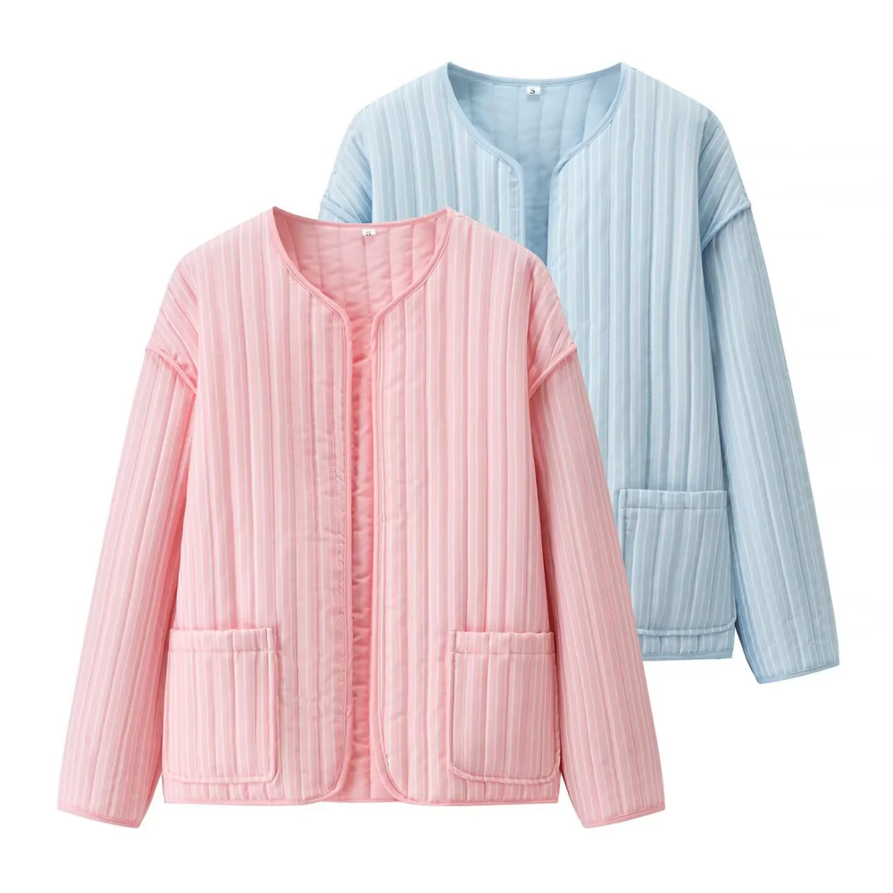 

Women's loose fitting top with V-neck long sleeved pockets striped autumn and winter new warm cotton jacket
