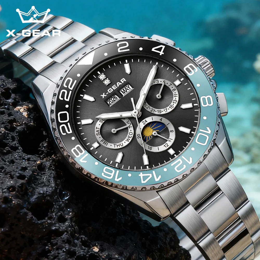 Herren Luxus Edelstahl Multifunktionsuhr Business-Stil Nachtleuchtend Wasserdicht Freizeit Mode Armbanduhr