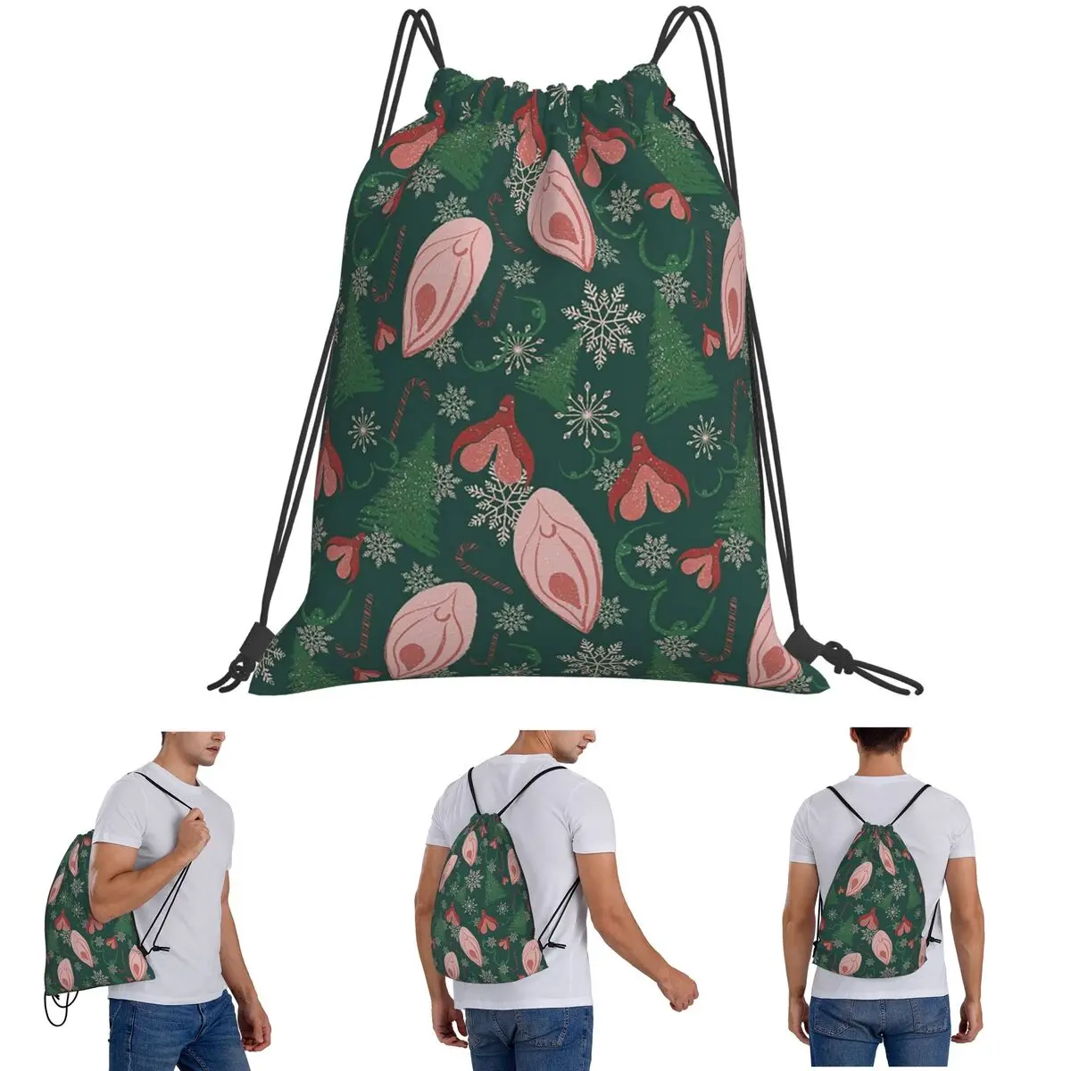 Christmas Vulva Pattern Green Backpacks Fashion Drawstring Bags Sundries Bag Book Bags for Man Woman Students
