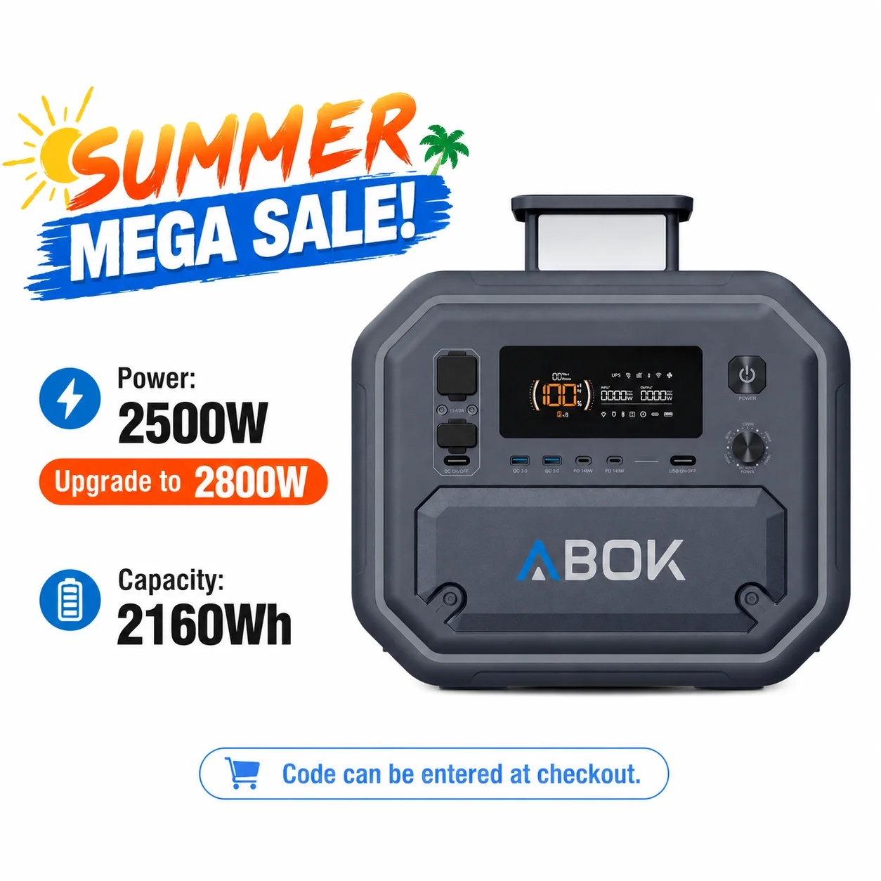 Centrale électrique portable ABOK Ark2500 2800W AC, générateur solaire 2160Wh, batterie LiFePO4 4000+ cycles pour la maison, les situations d'urgence, le camping et les activités de plein air