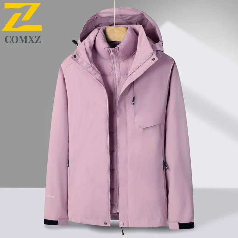 

COMXZ 2025 Winter Couples Detachable Hood 3 in 1 Waterproof Windproof Jacket Thick Outdoor Sports Coat lightweight windbreaker