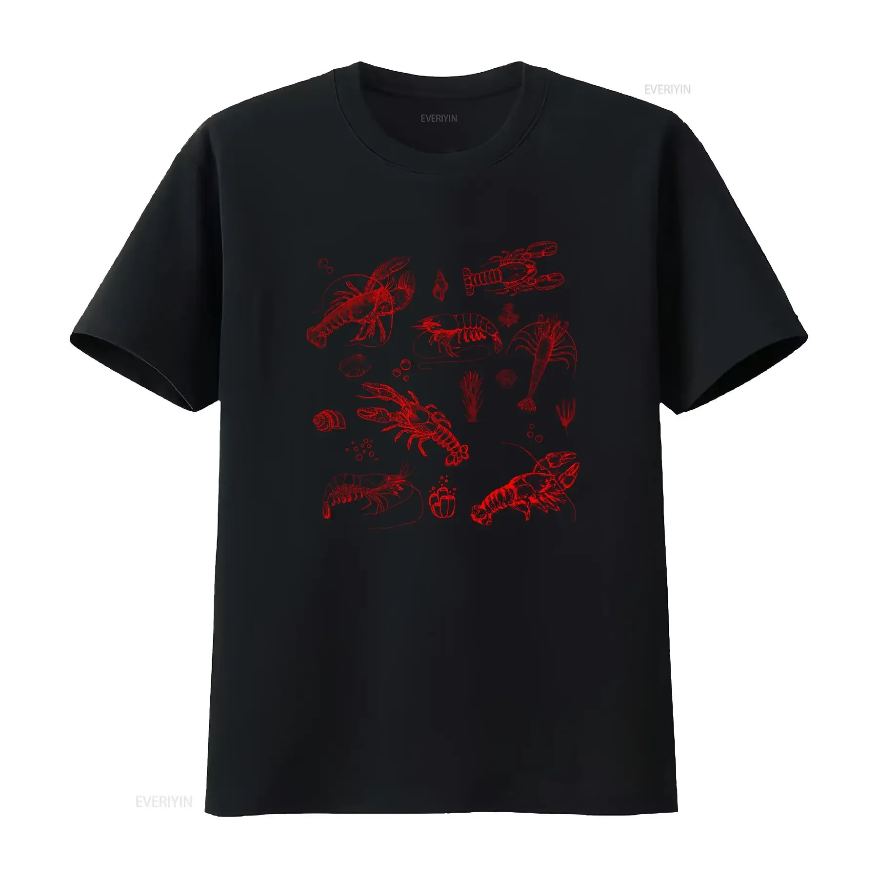 Casual Streetwear Line Art Red Seafood Lobster Shrimp Print T Shirt vintage Washed Unisex Soft fashion Stretched