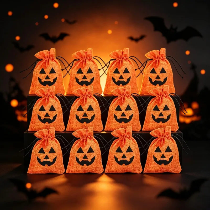 5pcs Halloween Ghost Festival Linen Drawstring Bag Christmas Party Decor Candy Jewelry Storage Gift Packing Sack Pouch