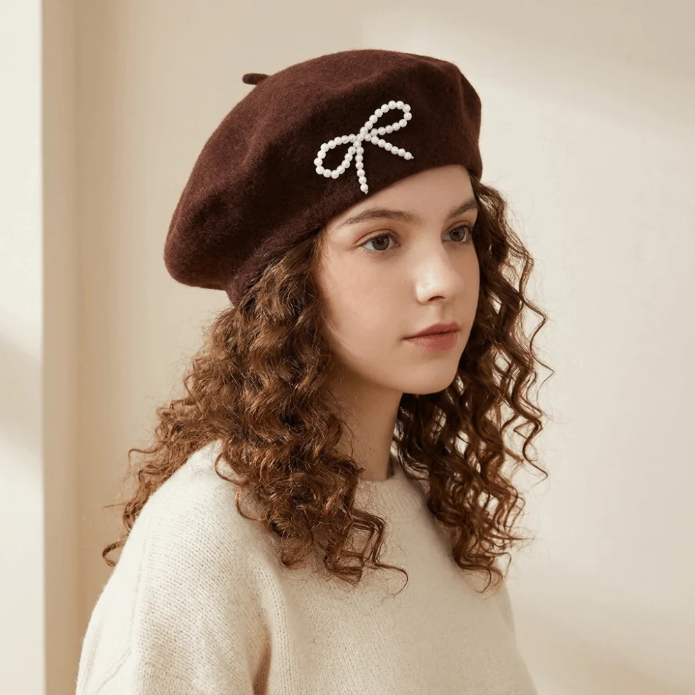 Sweet Pearl Bow Beret Knitted Soft Wool Beret Y2K Warm Beanie Cap Street Photography