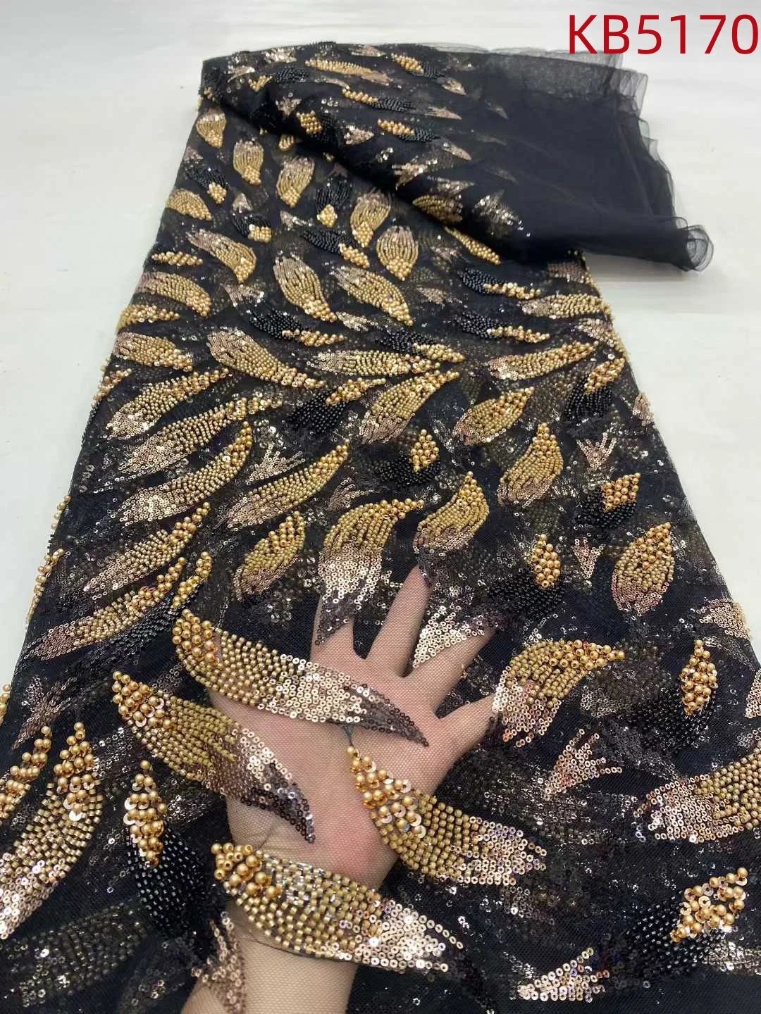 

Золотая, черная французская сетчатая африканская кружевная ткань, 5 ярдов, высокое качество, 2025 г., нигерийская кружевная ткань с бисером для шитья KB5170