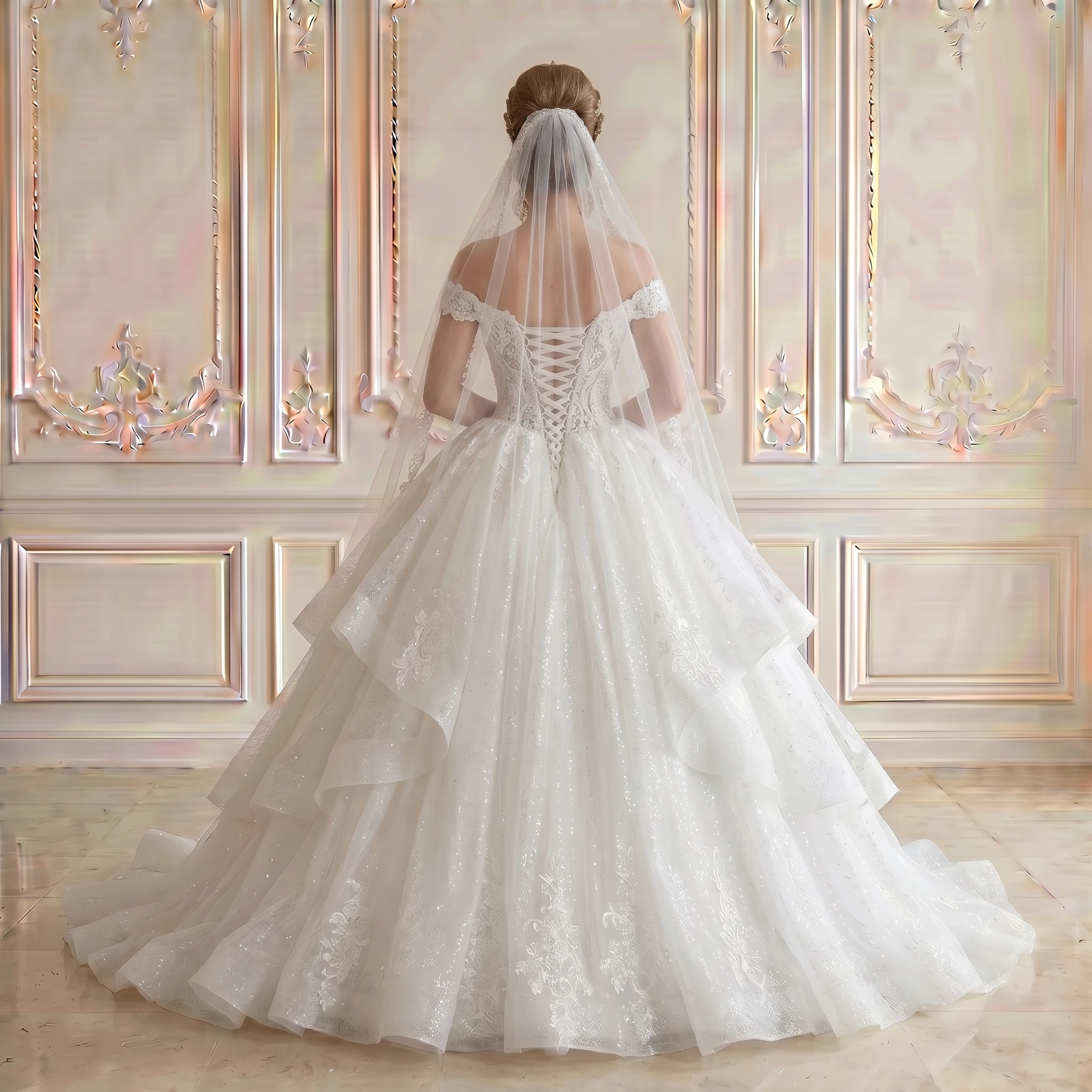 Spaghetti Strap V Neck Ball Gown Wedding Dress Ruffle Glitter Tulle Floral Lace Corset Back Chapel Train Bridal Gown