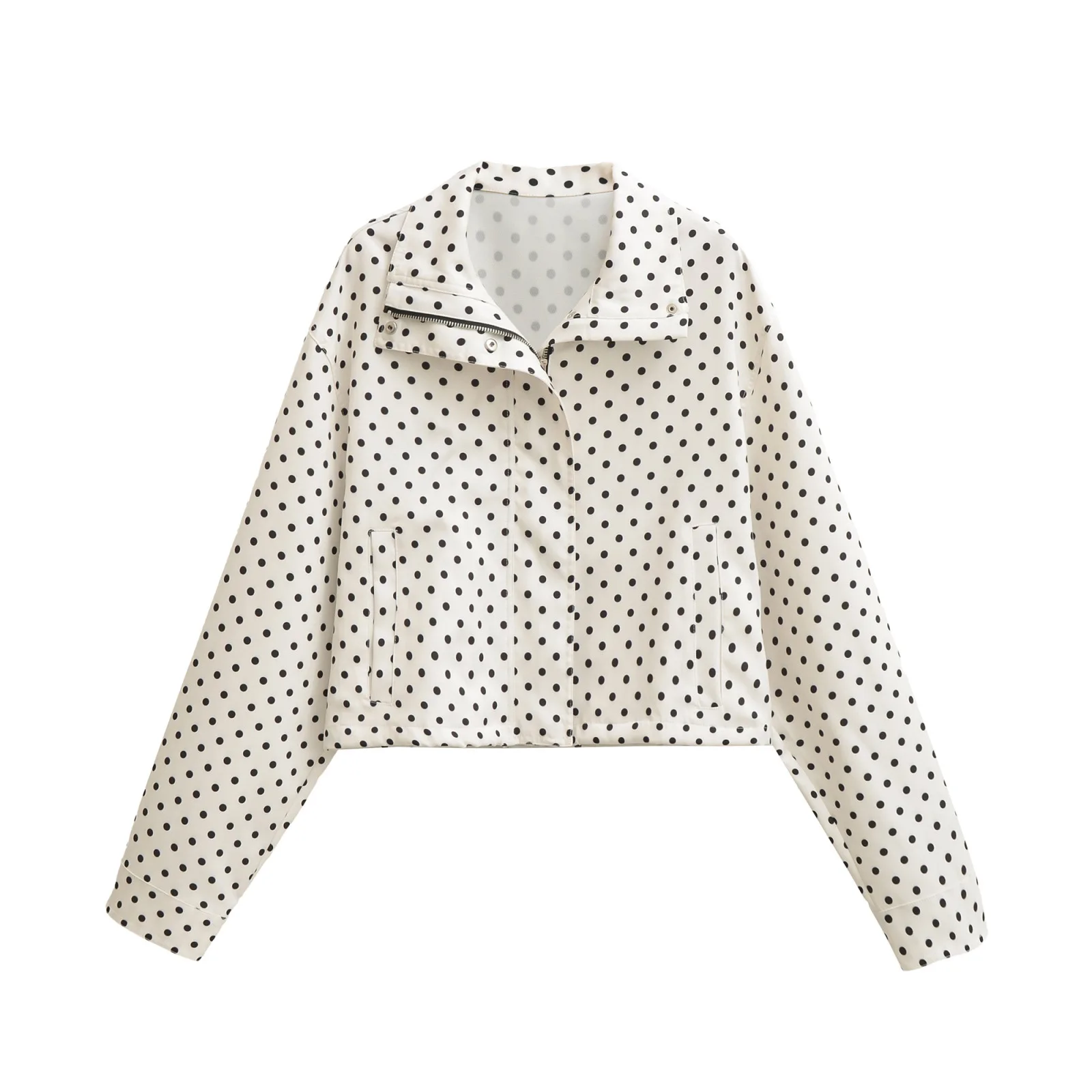 

Elegant Polka Dot Jacket For Women Autumn Stand Collar Coats Lady Street Fashion Pocket Long-Sleeved Casual Short Coat
