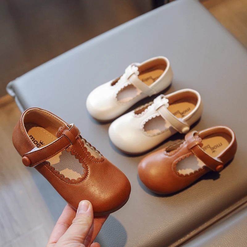 Kids T Strap Leather Shoes Girls Hollow Outs Princess Shoes Boys Breathable Flats Beige Brown Child Baby Toddlers Summer Autumn