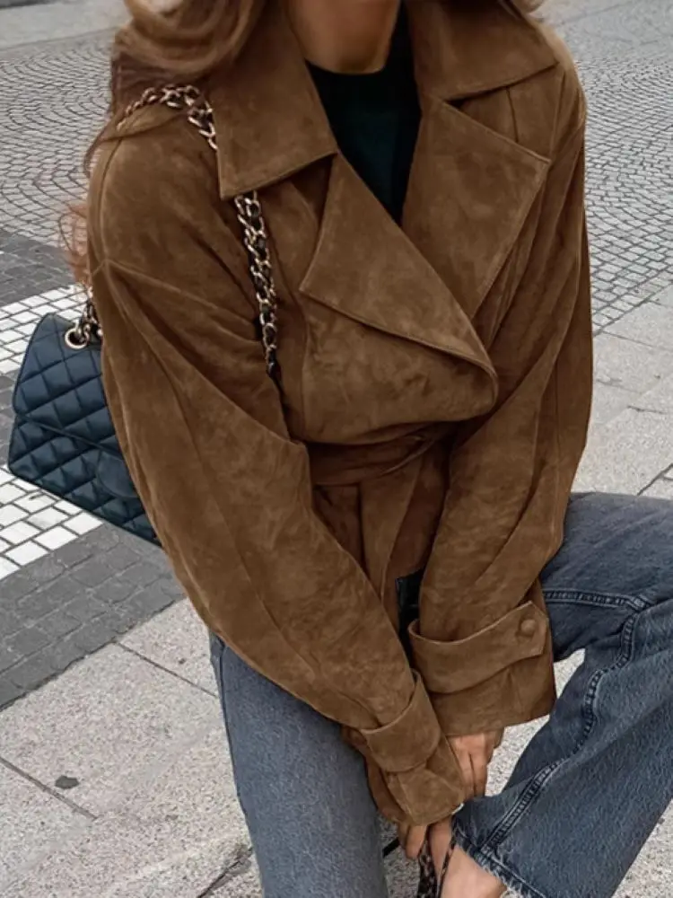 여성 캐주얼 브라운 더블 브레스티드 재킷 빈티지 스웨이드 봄버 재킷 벨트 라펠 코트 기본 아우터웨어 가을 겨울 패션