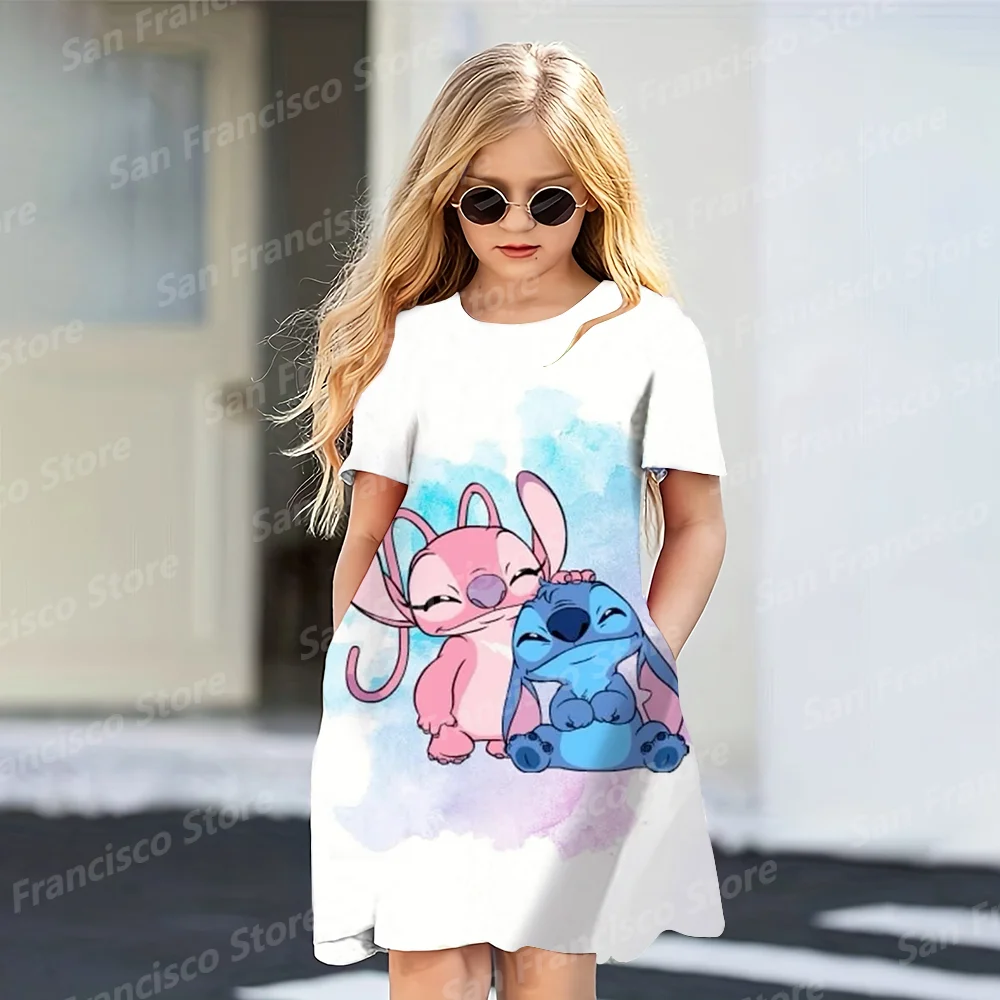 Summer Hot Sale Disney Blue Pink Stitch Girl Birthday Party Casual Dress KID/Adult Parent-Child Dress 3D Printed Love Cartoon