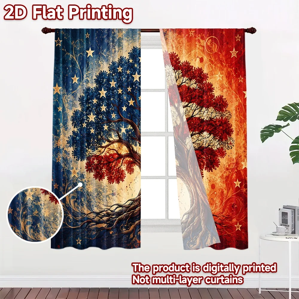 2D flat 2pcs Curtain Modern Minimalist Style Curtains Independence Day Flag Tree Digitally printed polyester, colorfast Holiday