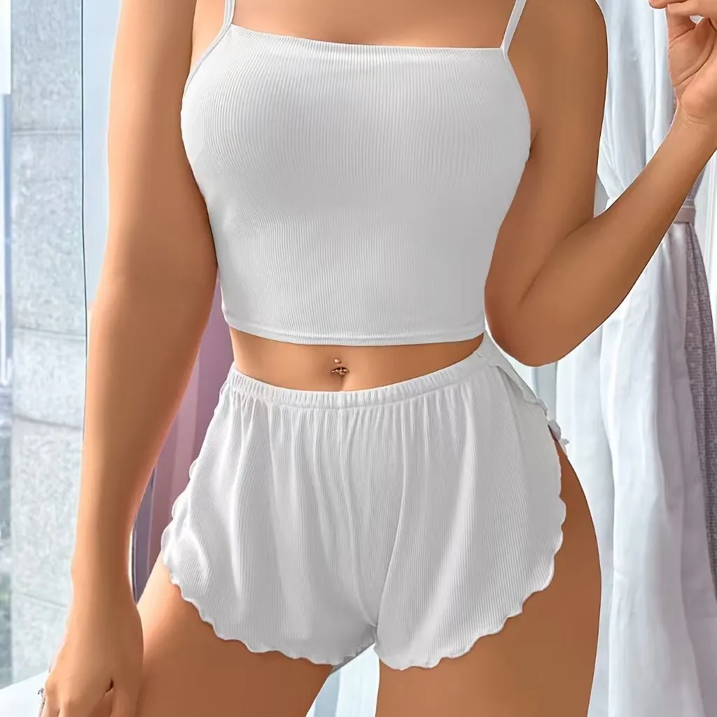 

2026 Spring/Summer New Women's Home Wear Heart Print Shorts Ruffled Casual Ribbed Pajamas Костюм Женский Летний