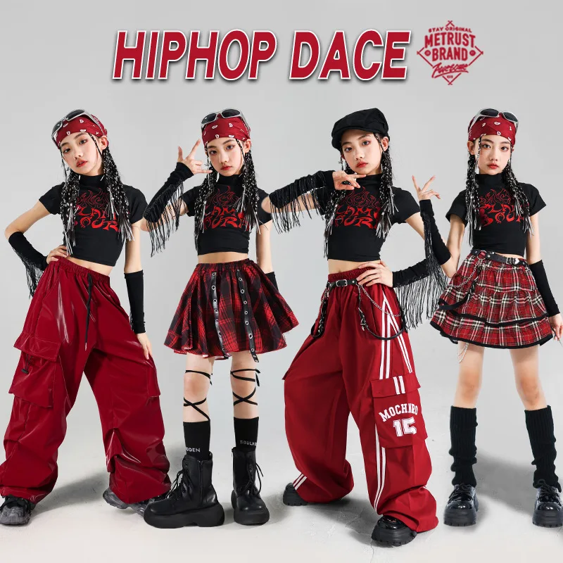 Girls K-pop Fashion Tassels Crop Top Tiered Skirts Kids Hip Hop Streetwear Costumes Children Jazz Girl Group Clothes Sets