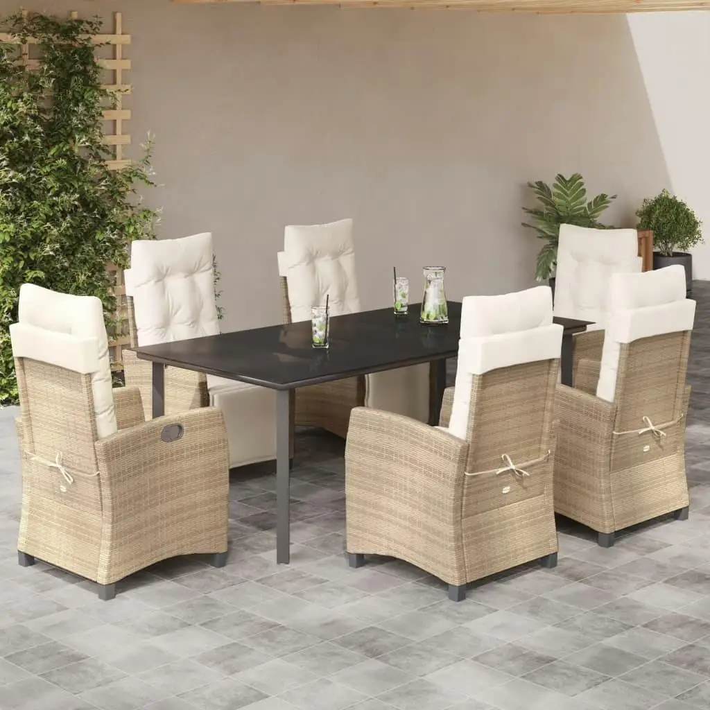 Beige 7-Piece Patio Dining Set with Cushions - Stylish Poly Rattan Outdoor Furniture