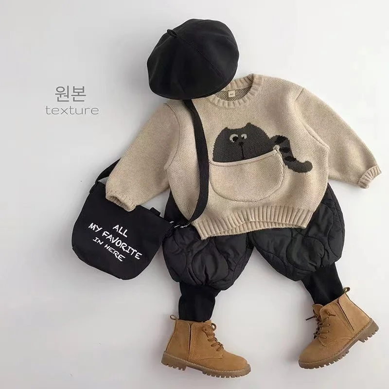 Children\'s Pocket Cartoon Autumn Winter Korean Edition Sweater For Boys And Girls Clothing Baby Pullover Knitted Bottom Sweater