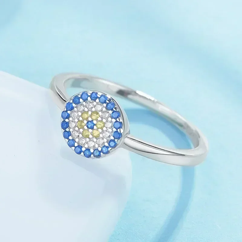 KALETINE Lucky Evil Eye 925 Sterling Silver Ring Charm Round Blue Crystal Finger Rings For Women Gift for Girl Turkey Jewelry