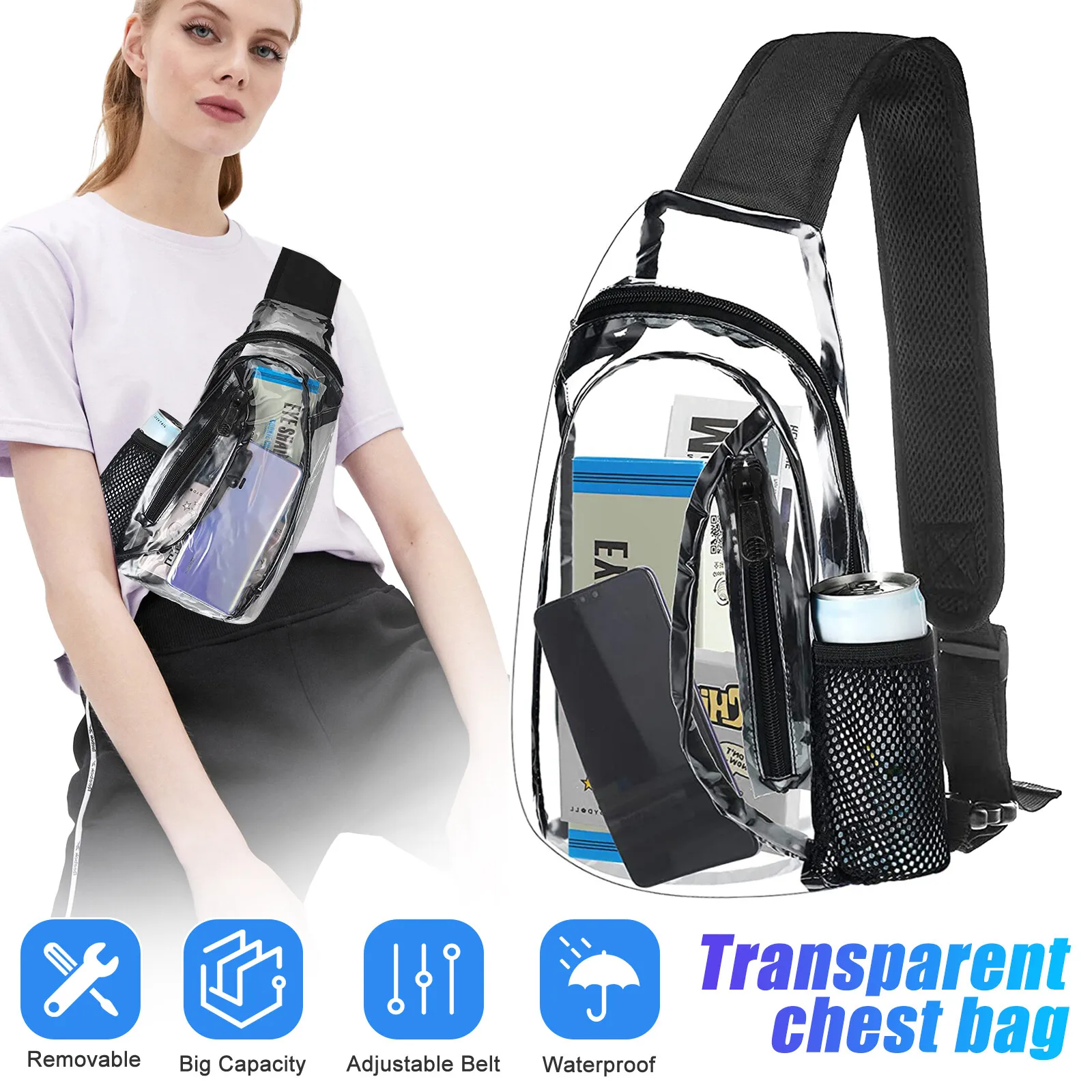 

Clear PVC Sling Bag Transparent Stadium Shoulder Crossbody Chest Pack Adjustable