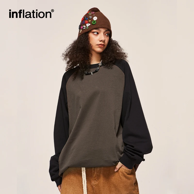 INFLATION Heavyweight Raglan Sleeve Long Sleeve T-shirts Men Minimalism Oversized Cotton Colorblock Unisex Tees