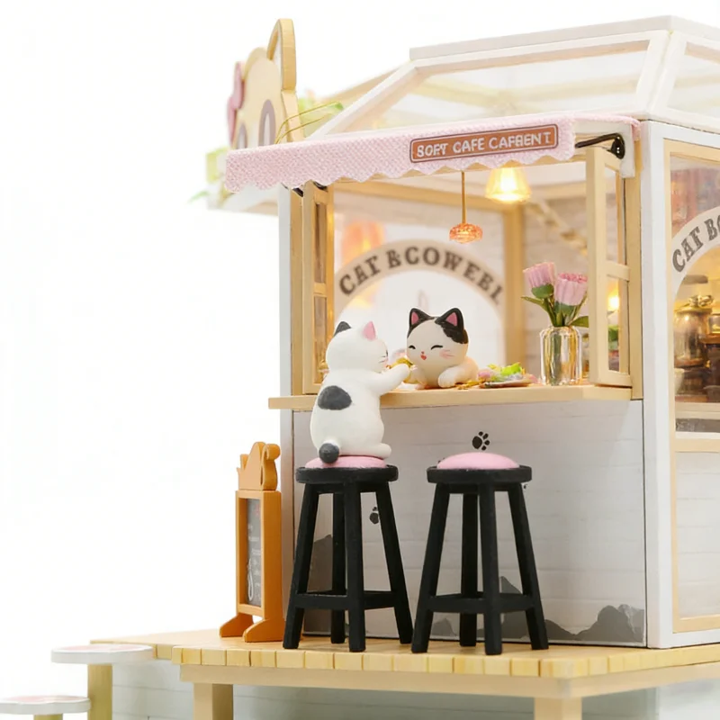 OUZEY Cozy Cat Cafe Puppenhaus DIY, 3D-Holzminiatur mit LED-Leuchten, Geburtstagsgeschenk für Teenager-Mädchen