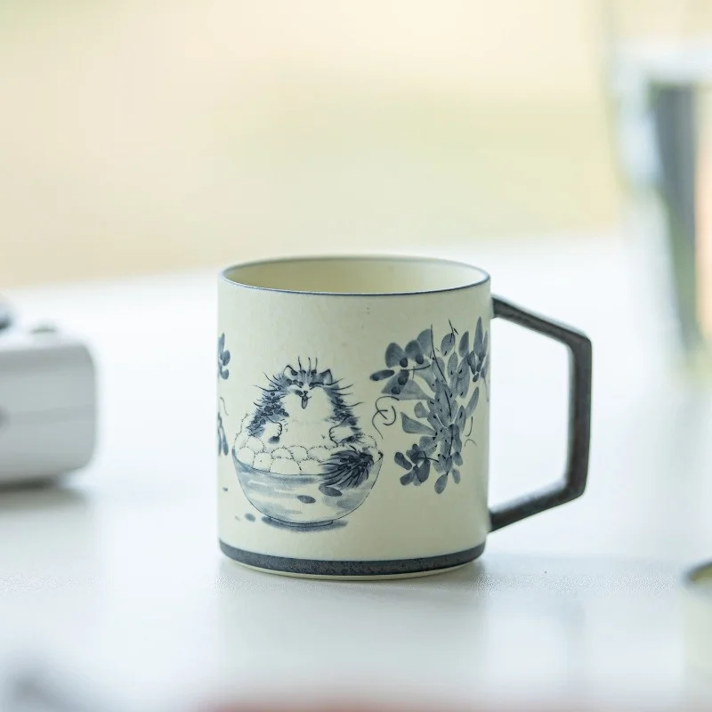 Hand-drawn Cat Mug Ceramic Water Cup Household High end Office Coffee Cup Milk Cup Breakfast Cup Tea Cup Tea Set