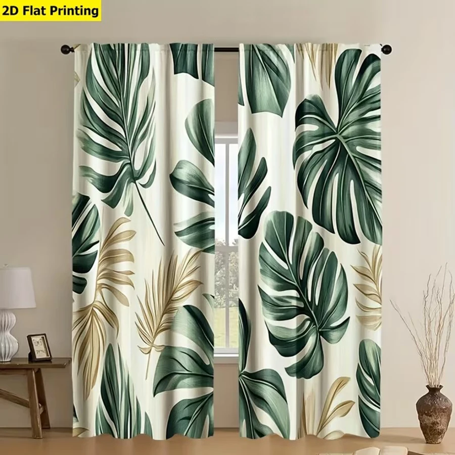 2-Piece Tropical Leaf Printed Curtains Set 100% Polyester Green Gold Palm Leaf Design Semi-Blackout for Bedroom