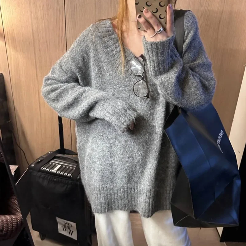 V-neck Pullovers Women Autumn Hotsweet Girls Casual All-match Solid Simple Sweater Tender Cozy Lazy Style Gentle Attractive Ins