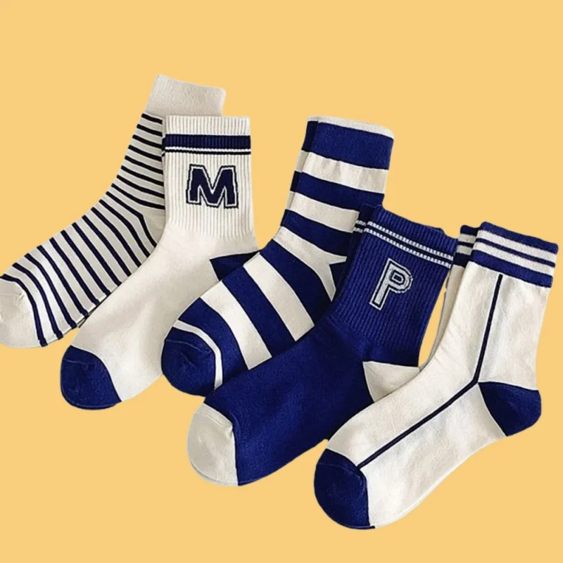 

5/10 Pairs High Quality Trendy M Letter Striped Couple Casual Socks Blue Combed Cotton Mid-tube Socks For Women